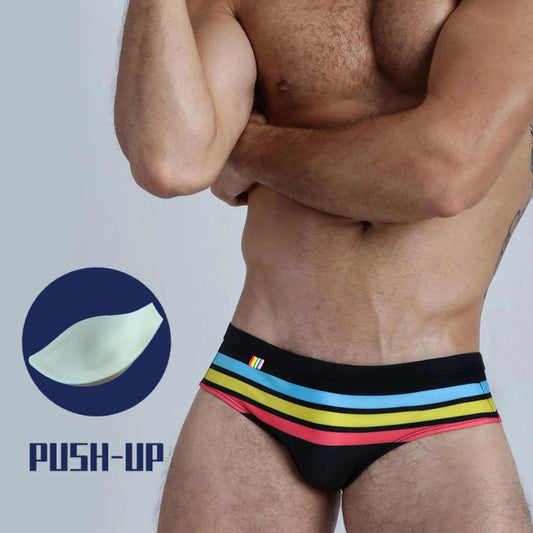 Pride Navy Stripe Swimming Briefs (FREE removable push-up padding)